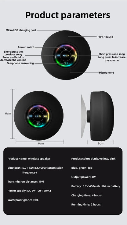 Altavoz Bluetooth Portátil Impermeable para Ducha - Con Succión y Luces LED, Subwoofer Estéreo 3D